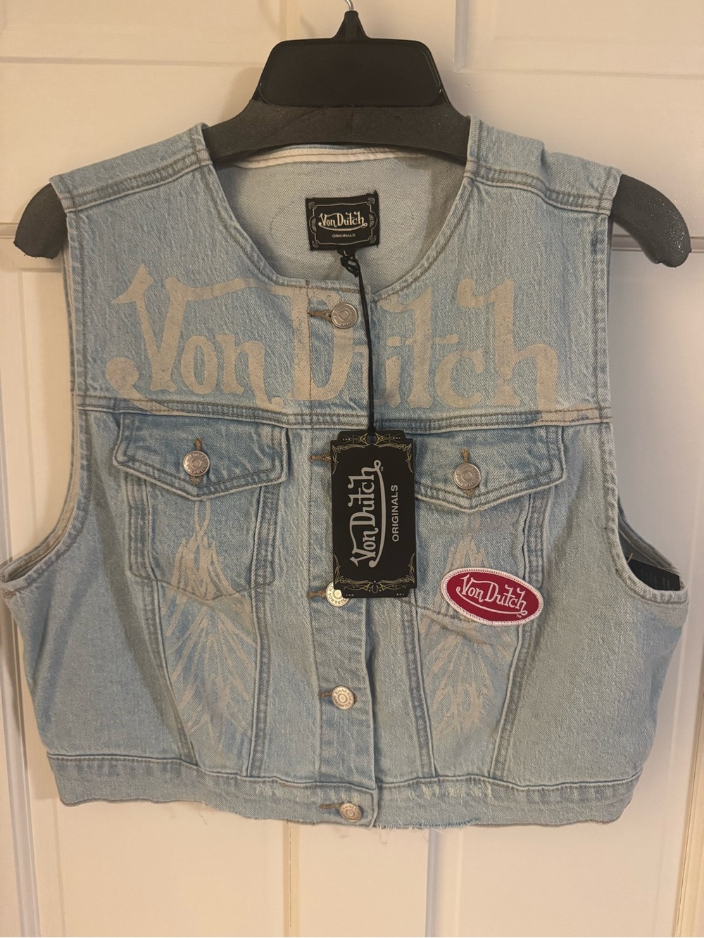 Von Dutch Light Blue Denim Crop Vest with Logo Patch
